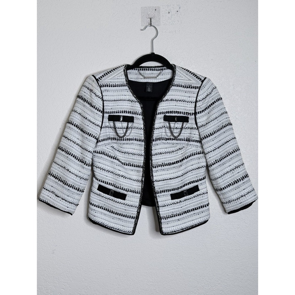White House Black Market Women's 2 Black White Tweed Blazer Chain Trim Career